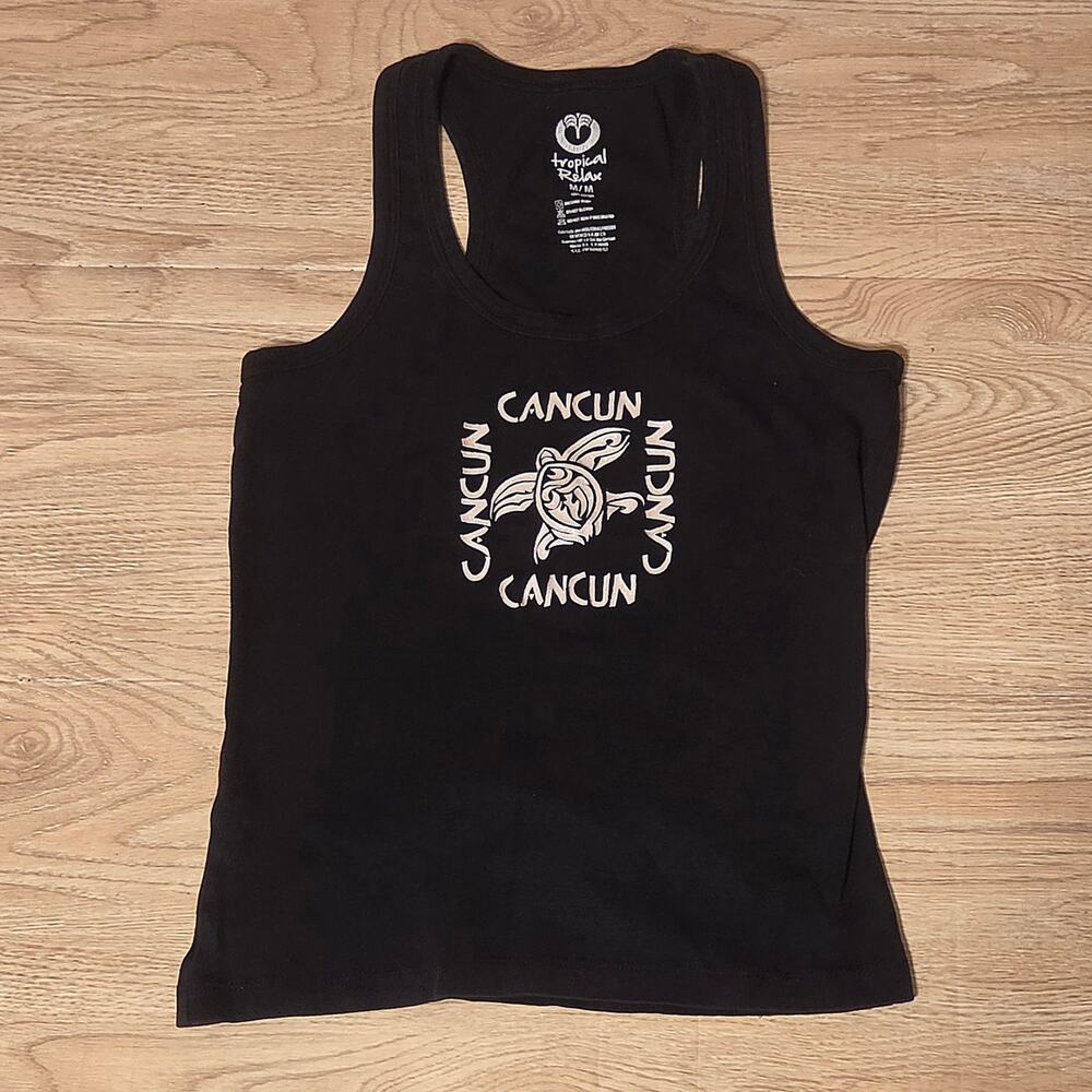 Tropical Relax Cancun Turtle Black Graphic Tank Womens Size Medium Vacation